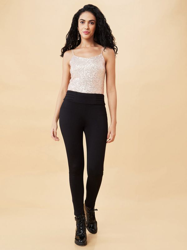 Globus Women Black Stretchable High Waist Skinny Fit Workwear Treggings