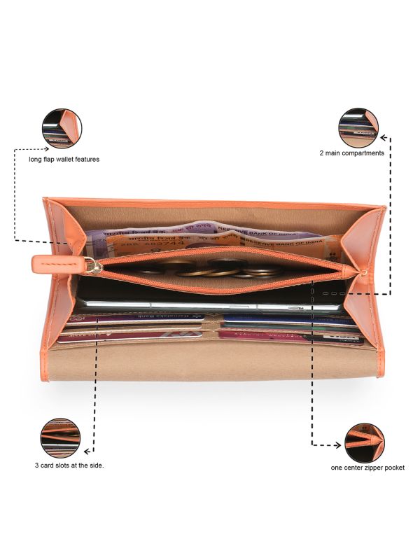 Globus Women Coral Vegan Leather Textured Envelope Wallet With Zip Coin Pocket