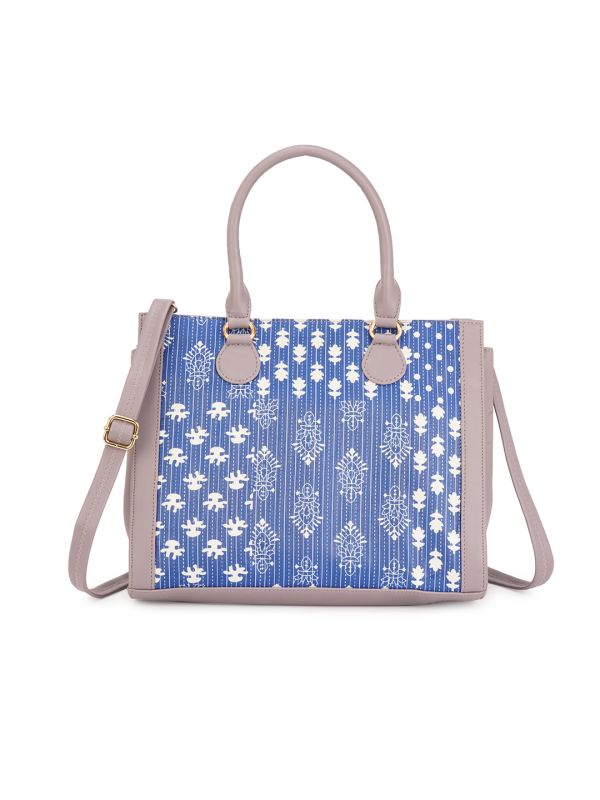 Globus Women Blue Vegan Leather Azrak Floral Print Double Handle Handheld Bag