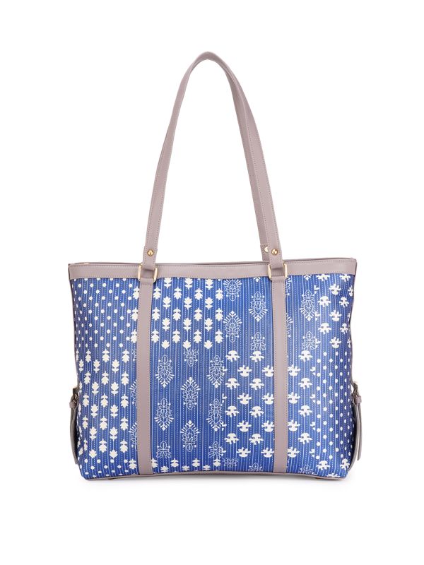Globus Women Blue Vegan Leather Azrak Floral Print Double Handle Oversized Tote Bag
