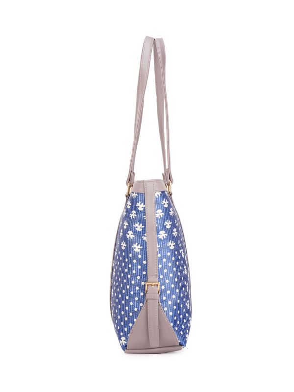 Globus Women Blue Vegan Leather Azrak Floral Print Double Handle Oversized Tote Bag