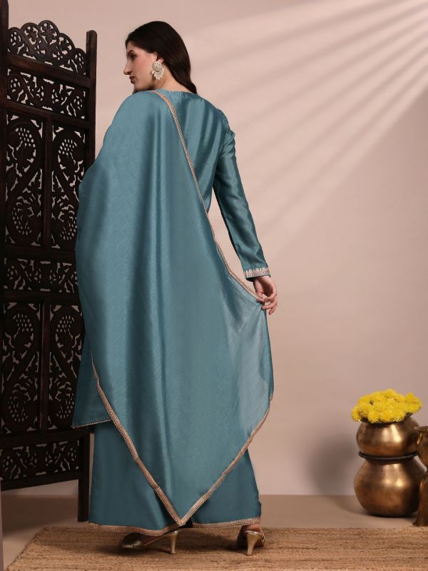 Globus Women Blue Long Sleeves Round Neck Sequinned & Zari Embroidery Work Kurta with Wide Leg Palazzos & Dupatta Festive Set