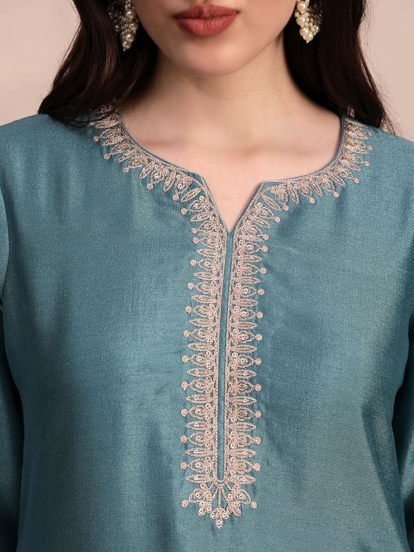 Globus Women Blue Long Sleeves Round Neck Sequinned & Zari Embroidery Work Kurta with Wide Leg Palazzos & Dupatta Festive Set