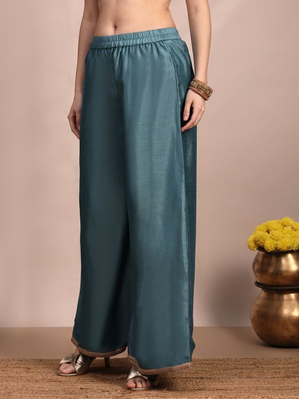 Globus Women Blue Long Sleeves Round Neck Sequinned & Zari Embroidery Work Kurta with Wide Leg Palazzos & Dupatta Festive Set