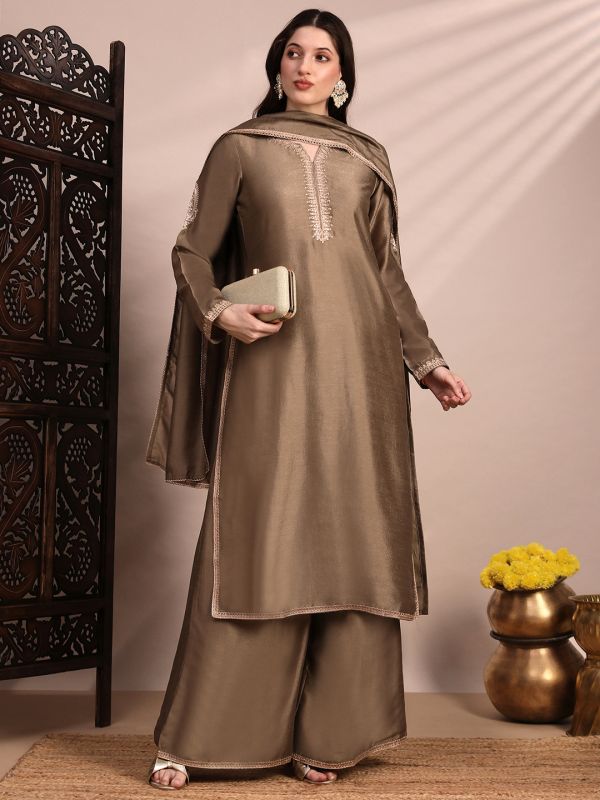 Globus Women Taupe Long Sleeves Round Neck Sequinned & Zari Embroidery Work Kurta with Wide Leg Palazzos & Dupatta Festive Set