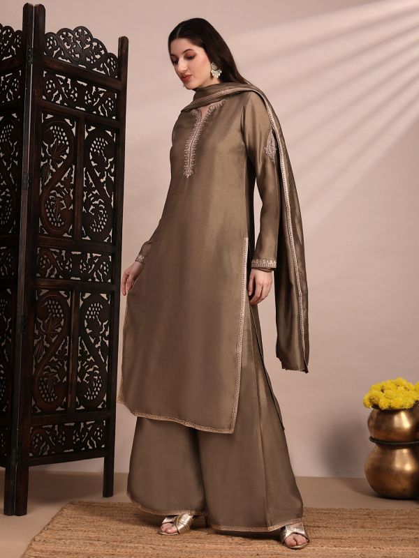 Globus Women Taupe Long Sleeves Round Neck Sequinned & Zari Embroidery Work Kurta with Wide Leg Palazzos & Dupatta Festive Set