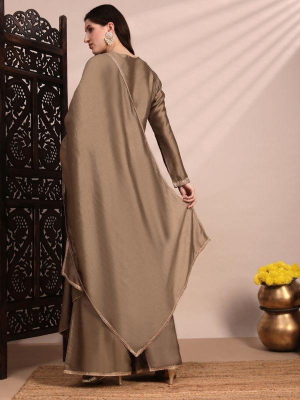 Globus Women Taupe Long Sleeves Round Neck Sequinned & Zari Embroidery Work Kurta with Wide Leg Palazzos & Dupatta Festive Set