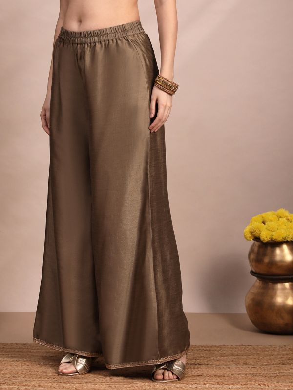 Globus Women Taupe Long Sleeves Round Neck Sequinned & Zari Embroidery Work Kurta with Wide Leg Palazzos & Dupatta Festive Set
