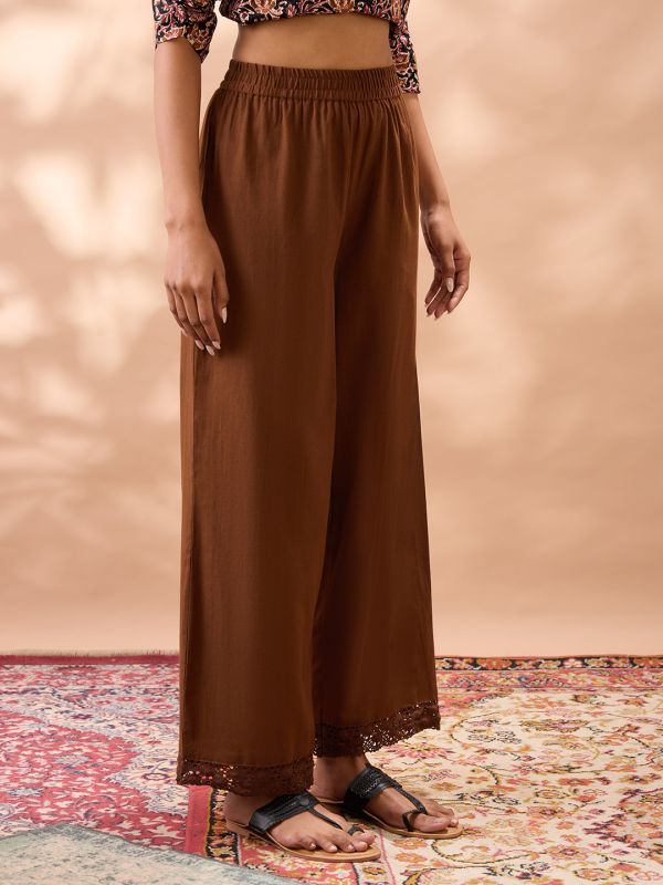 Globus Women Brown Solid High Rise Lace Detail Hem Straight Fit Wide Leg Ethnic Pants