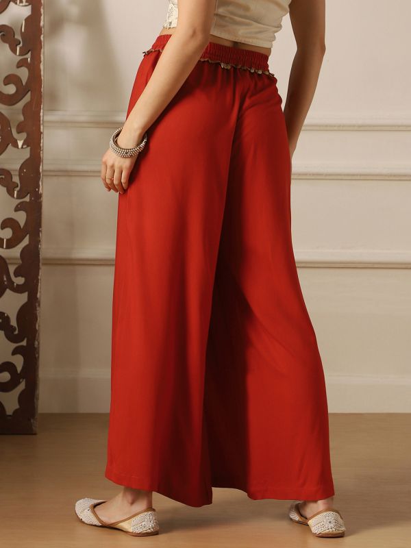 Globus Women Rust Lace Insert Drawstring Waist Wide Leg Flared Palazzo