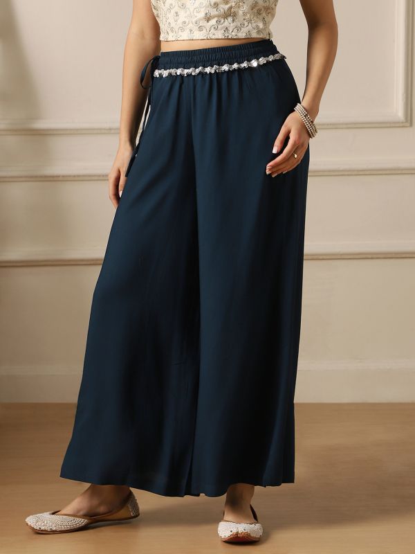 Globus Women Teal Lace Insert Drawstring Waist Wide Leg Flared Palazzo