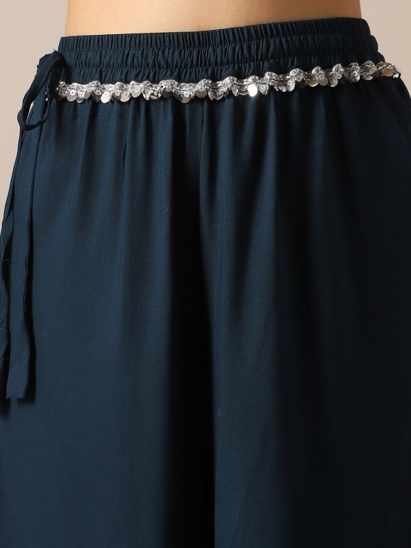 Globus Women Teal Lace Insert Drawstring Waist Wide Leg Flared Palazzo