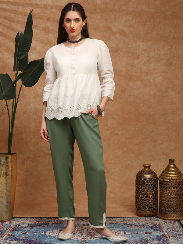 Globus Women Olive Mid Rise Lace Detail Tapered Fit Ethnic Pants