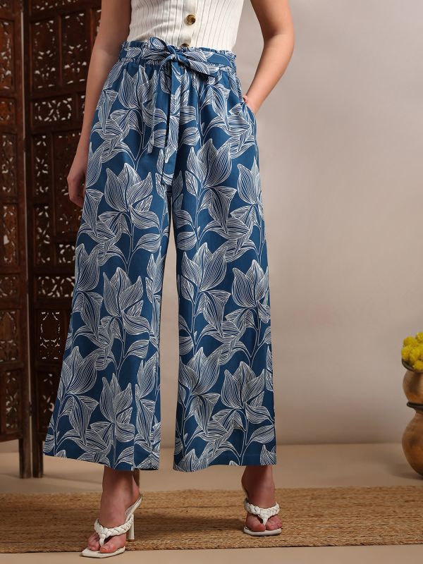 Globus Women Blue Allover Floral Printed High-Rise Belted Wide Leg Trouser
