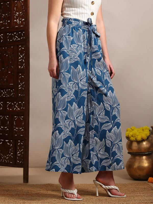 Globus Women Blue Allover Floral Printed High-Rise Belted Wide Leg Trouser