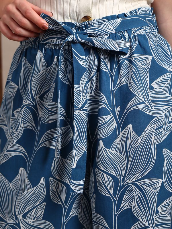 Globus Women Blue Allover Floral Printed High-Rise Belted Wide Leg Trouser