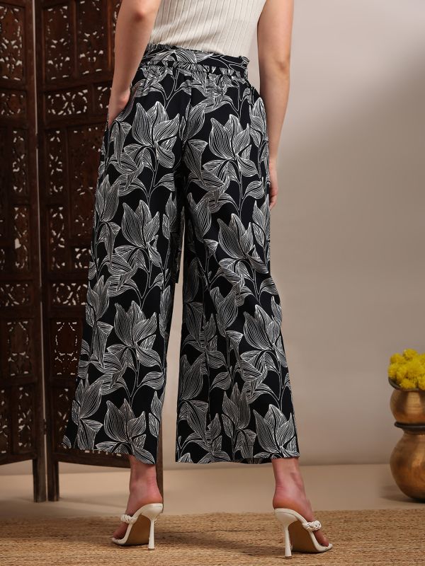 Globus Women Black Allover Floral Printed High-Rise Belted Wide Leg Trouser
