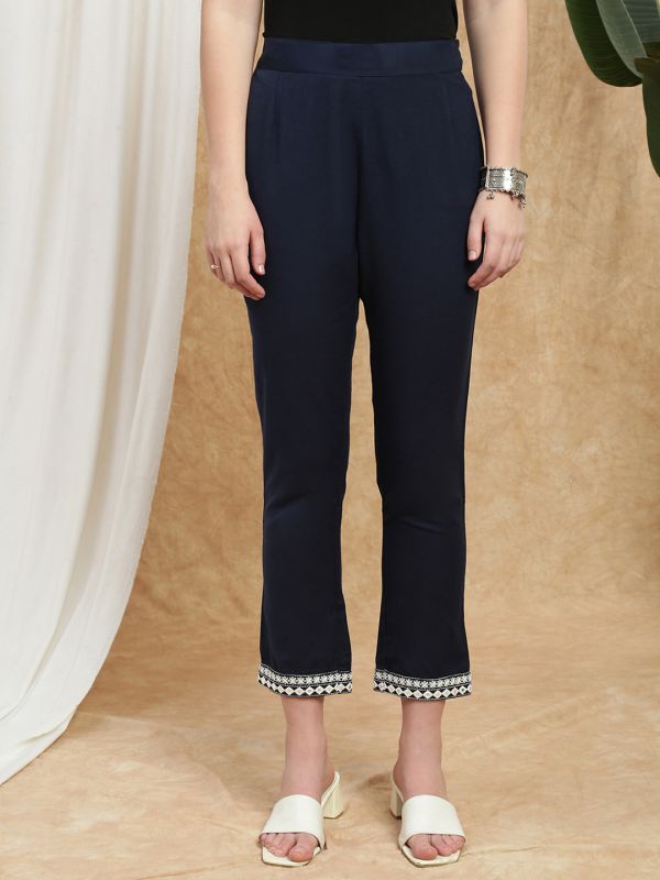 Globus Women Navy Blue High Rise Embroidered Hem Detail Straight Fit Cigarette Pants