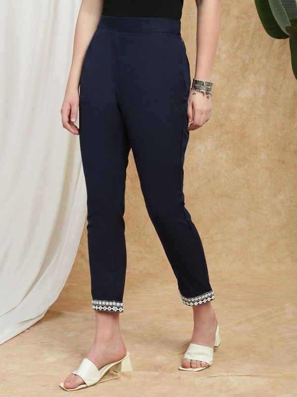 Globus Women Navy Blue High Rise Embroidered Hem Detail Straight Fit Cigarette Pants