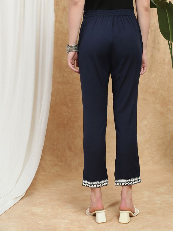 Globus Women Navy Blue High Rise Embroidered Hem Detail Straight Fit Cigarette Pants
