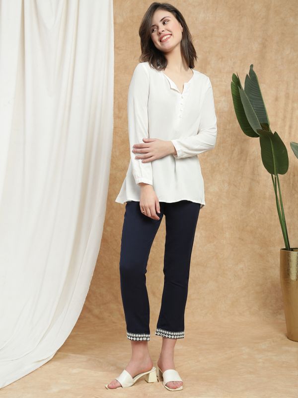 Globus Women Navy Blue High Rise Embroidered Hem Detail Straight Fit Cigarette Pants