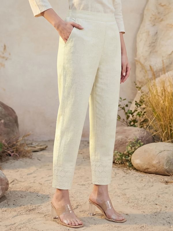 Globus Women Off-White High Rise Schiffli Hem Straight Fit Ethnic Pants