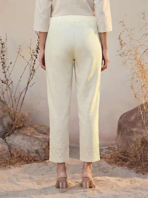 Globus Women Off-White High Rise Schiffli Hem Straight Fit Ethnic Pants