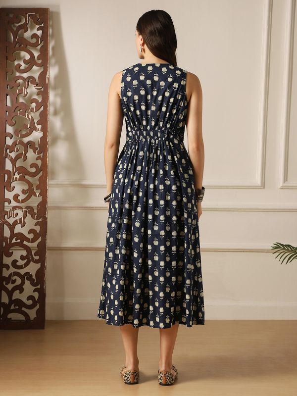 Globus Women Navy Blue Floral Print Wrap V-Neck Smocked Detail Fit & Flared Midi Dress