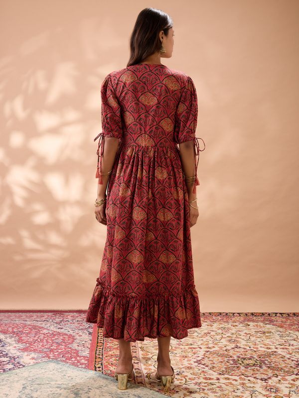 Globus Women Maroon Round Neck Puff Sleeves Ethnic Print Tie-Ups Detail Tiered A-Line Midi Dress