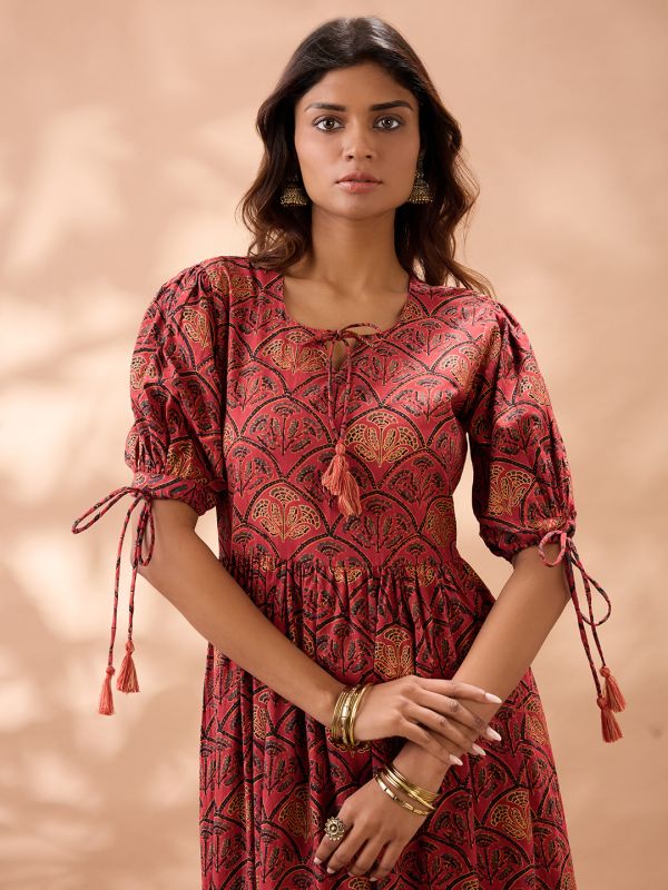 Globus Women Maroon Round Neck Puff Sleeves Ethnic Print Tie-Ups Detail Tiered A-Line Midi Dress