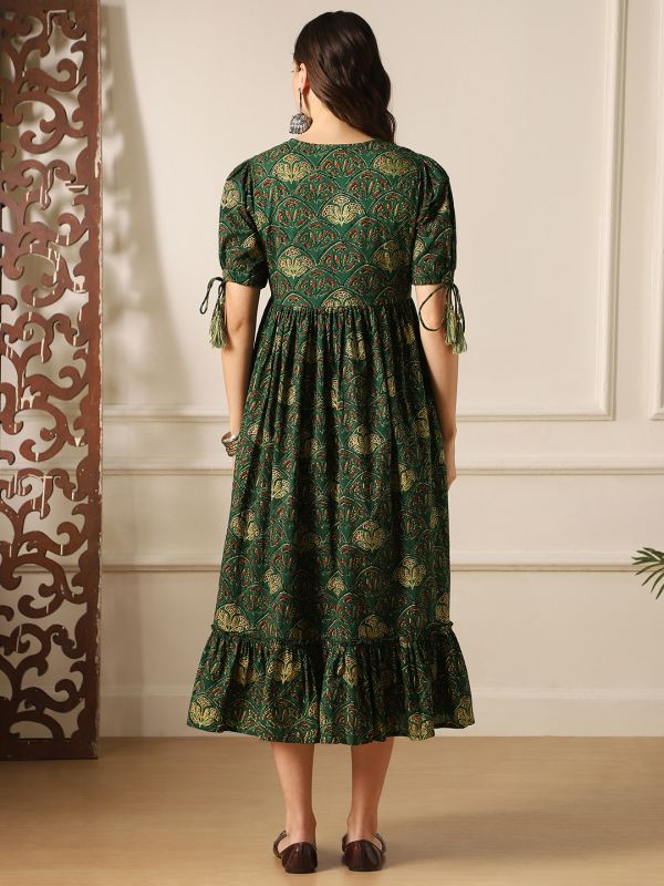 Globus Women Green Round Neck Puff Sleeves Ethnic Print Tie-Ups Detail Tiered A-Line Midi Dress