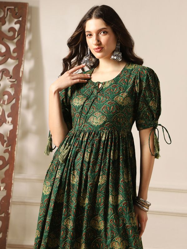 Globus Women Green Round Neck Puff Sleeves Ethnic Print Tie-Ups Detail Tiered A-Line Midi Dress