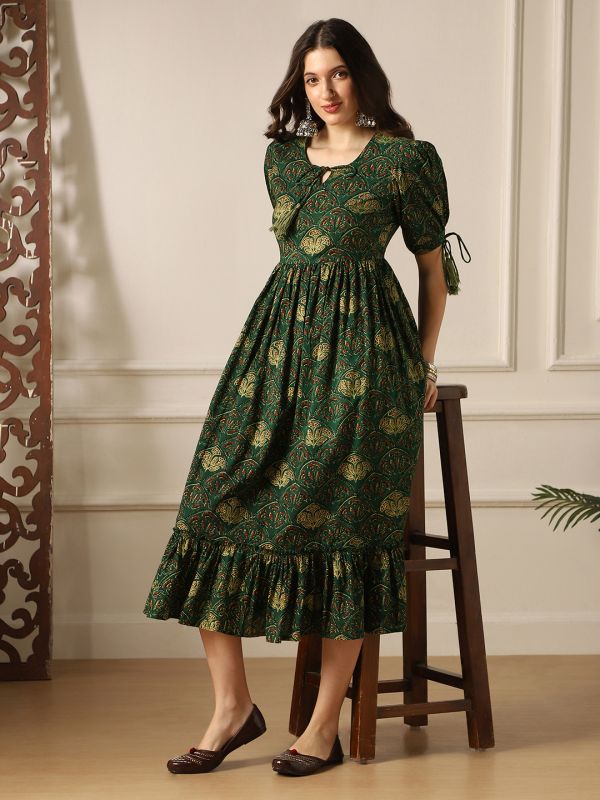 Globus Women Green Round Neck Puff Sleeves Ethnic Print Tie-Ups Detail Tiered A-Line Midi Dress