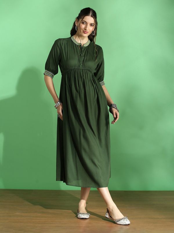 Globus Women Green Embroidered Mandarin Collar Puff Sleeve Gathered Details Fit & Flare Midi Dress