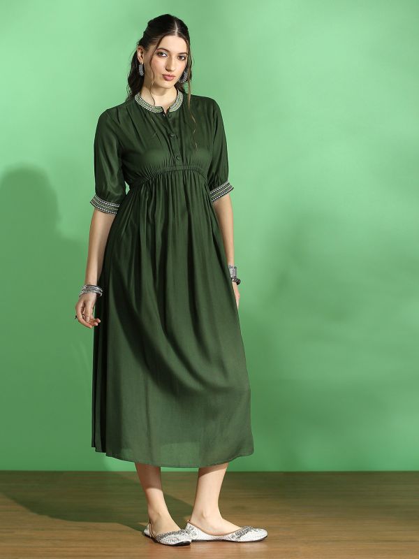 Globus Women Green Embroidered Mandarin Collar Puff Sleeve Gathered Details Fit & Flare Midi Dress