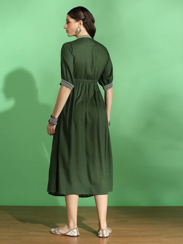 Globus Women Green Embroidered Mandarin Collar Puff Sleeve Gathered Details Fit & Flare Midi Dress