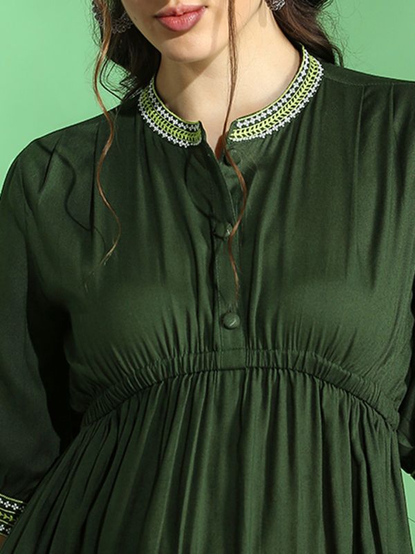 Globus Women Green Embroidered Mandarin Collar Puff Sleeve Gathered Details Fit & Flare Midi Dress