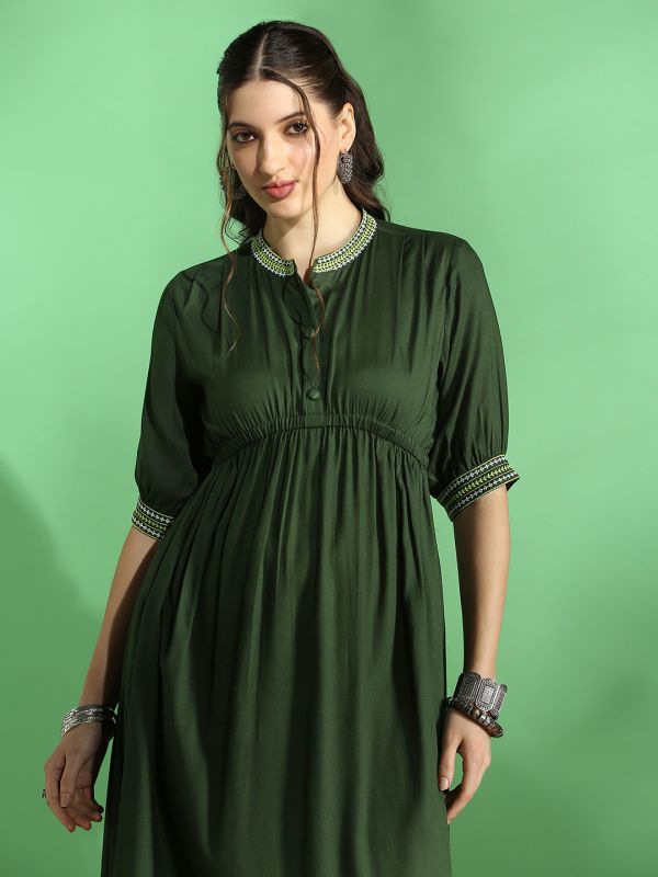 Globus Women Green Embroidered Mandarin Collar Puff Sleeve Gathered Details Fit & Flare Midi Dress