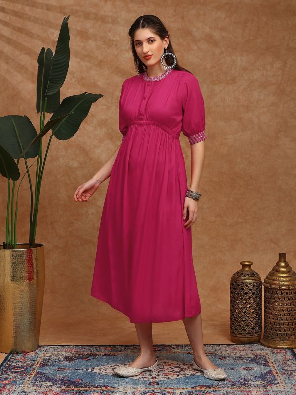 Globus Women Pink Embroidered Mandarin Collar Puff Sleeves Gathered Detail Fit and Flare Midi Dress
