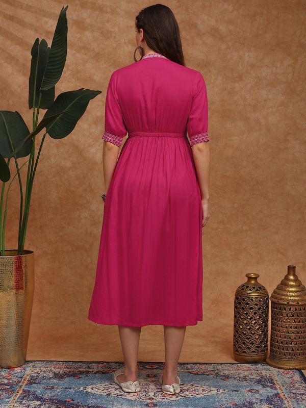 Globus Women Pink Embroidered Mandarin Collar Puff Sleeves Gathered Detail Fit and Flare Midi Dress