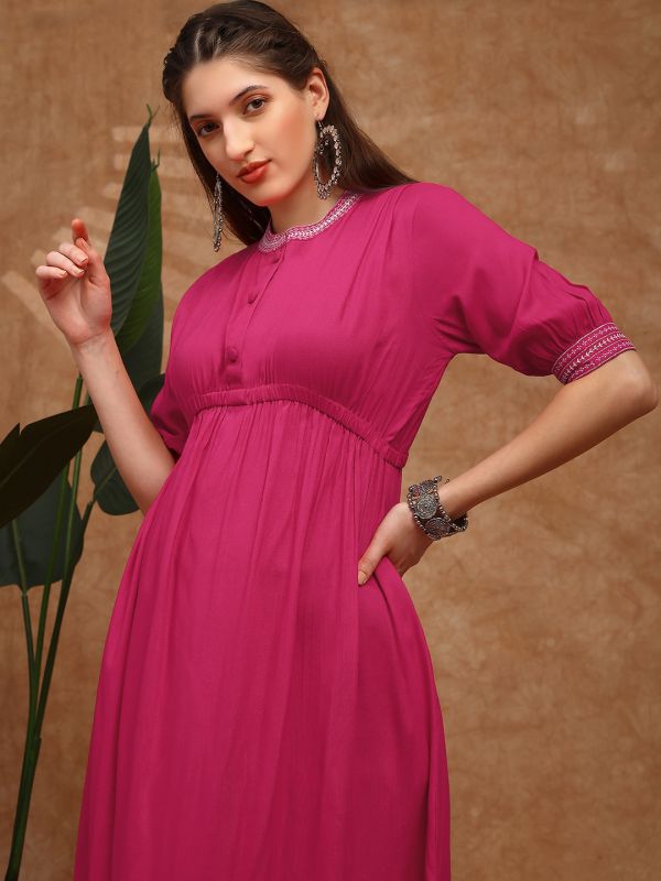 Globus Women Pink Embroidered Mandarin Collar Puff Sleeves Gathered Detail Fit and Flare Midi Dress