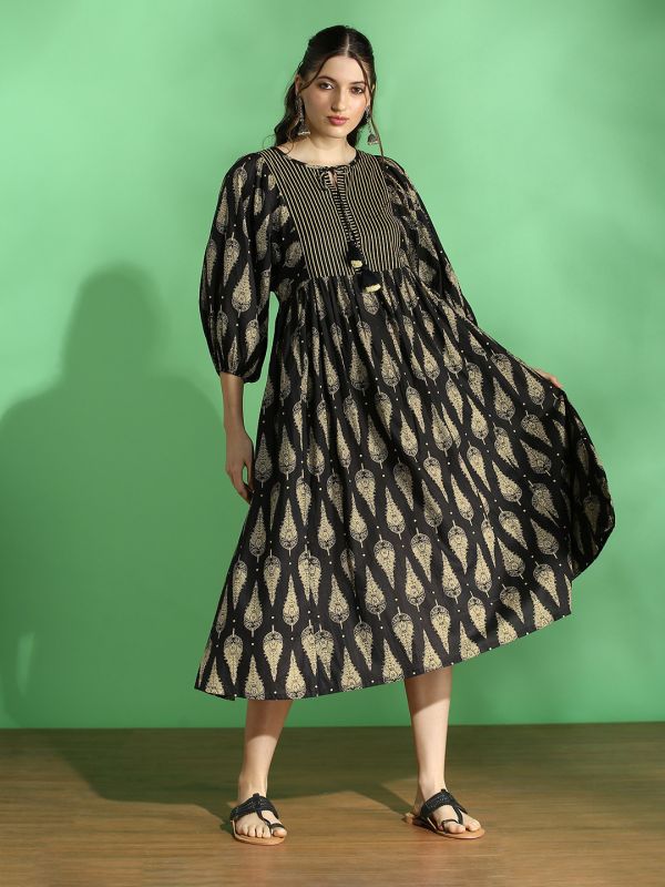 Globus Women Black Ethnic Print Round Tie-Up Neck Bishop Sleeves A-Line Midi Dress
