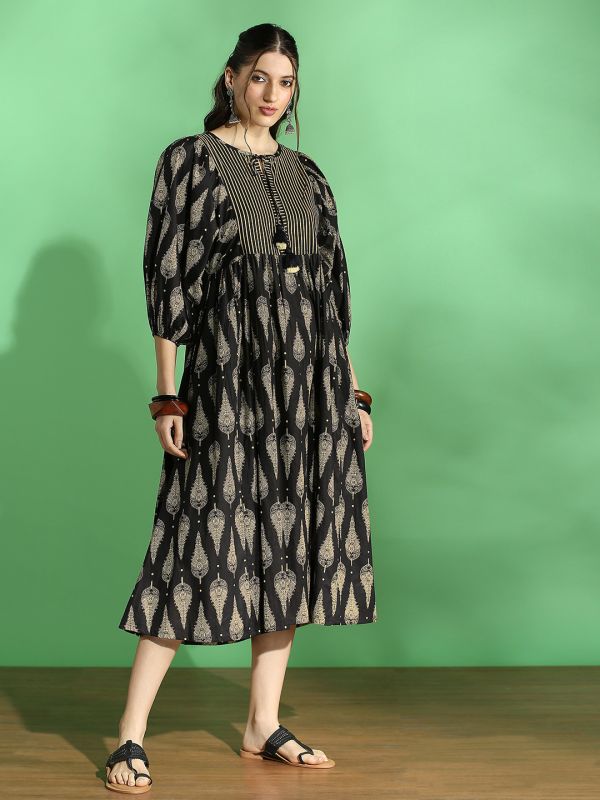 Globus Women Black Ethnic Print Round Tie-Up Neck Bishop Sleeves A-Line Midi Dress