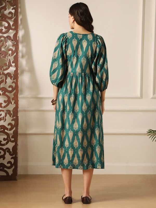 Globus Women Teal Ethnic Print Round Tie-Up Neck Bishop Sleeves Tiered Flit & Flared Midi Dress