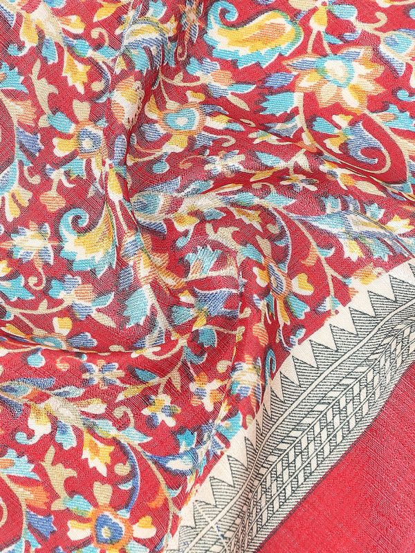 Globus Women Red Floral Print Silk Tasselled Border Dupatta