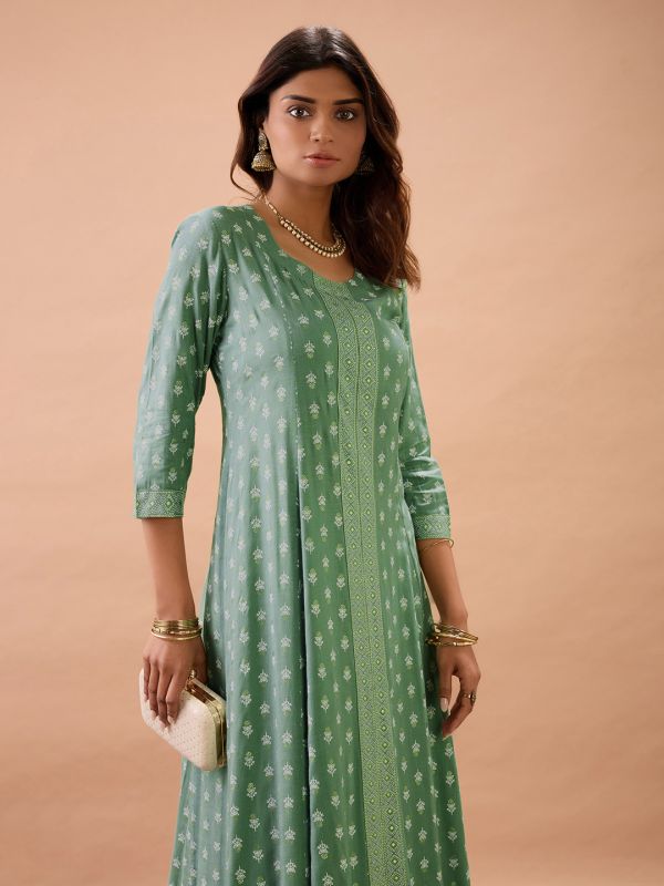 Globus Women Mint Green Round Neck Ethnic Print Front Slit Flared Hem Panelled A-Line Kurta