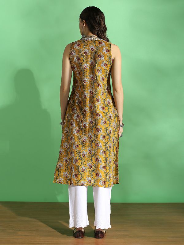 Globus Women Mustard All Over Floral Print V-Neck Embroidered Woven Design Pleated Straight Kurta
