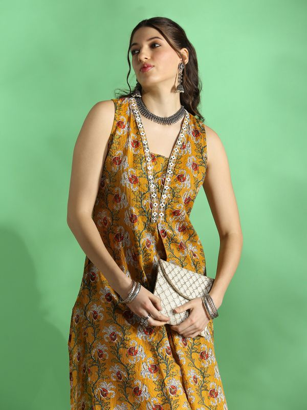 Globus Women Mustard All Over Floral Print V-Neck Embroidered Woven Design Pleated Straight Kurta