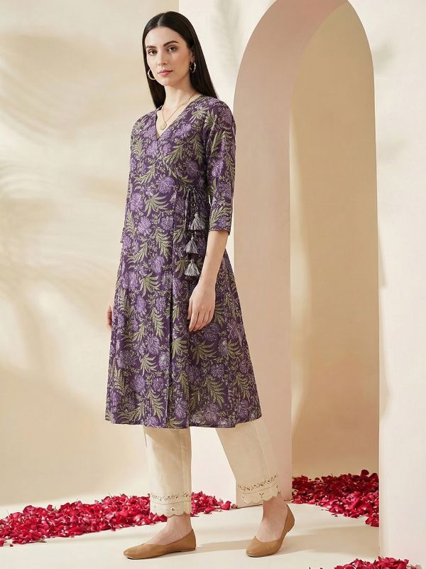 Globus Women Purple Allover Floral Printed Wrap V-Neck Angrakha A-Line Kurta