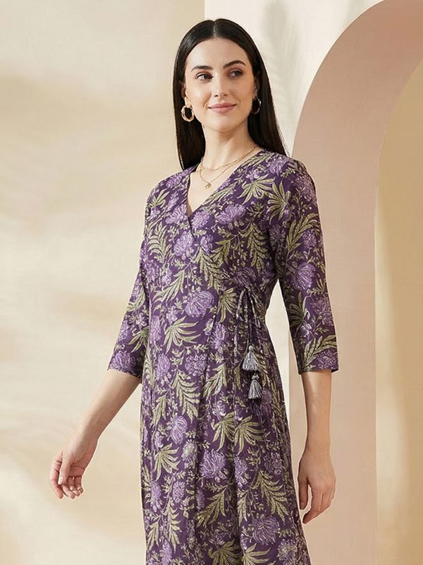Globus Women Purple Allover Floral Printed Wrap V-Neck Angrakha A-Line Kurta